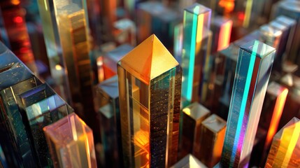 Abstract cityscape of translucent, colorful geometric shapes.