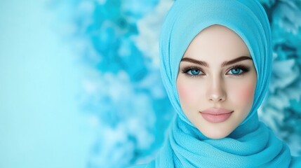 Serene woman in light blue hijab close up portrait soft pastel colors peaceful mood