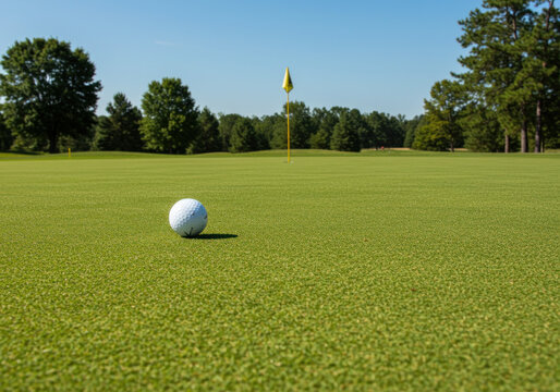 Golf ball on green fairway, surrounded by vibrant grass and distant trees under a clear blue sky, representing a peaceful day on the golf course.