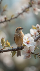 Soft light bathes delicate bird perched among blossoming branches. AI Generated