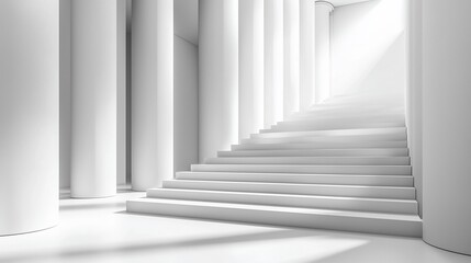 Obraz premium Elegant white hallway with columns, stairs leading towards bright light