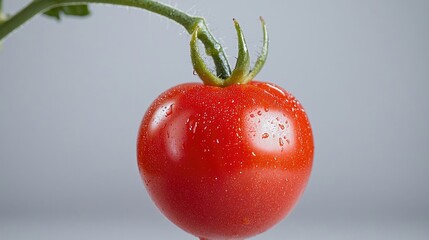 Fresh tomato on vine, wet with water droplets