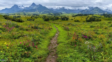 Serene pathway leading to majestic mountains tranquil nature scene