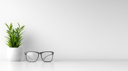 Simple workspace minimalist office desk eyeglasses plant white background