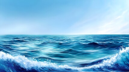 Serene Ocean Waves, Blue Sea Background - Watercolor effect