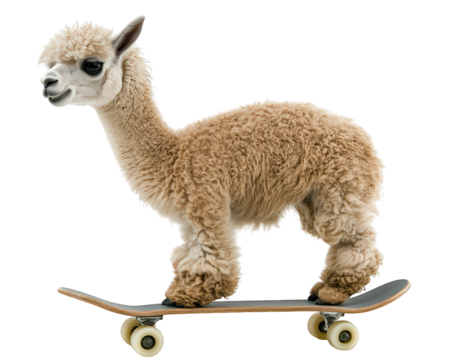 tiny alpaca riding skateboard, looking rebellious and playful, showcases unique blend of cuteness and adventure. This whimsical scene captures spirit of fun and creativity