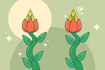 Two flower buds with corn-like centers beginning to bloom under a large moon-like glow.