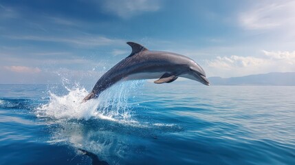 Obraz premium Majestic Dolphin Leaping from Ocean Water under a Sunny Sky A breathtaking wildlife image