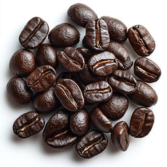 Obraz premium Single black coffee bean pile isolated on plain white background, ideal for coffee, food, and beverage-themed designs, as well as organic and fresh visuals.