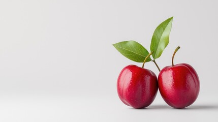 Two ripe red apples with green leaves on white background fresh food health wellness