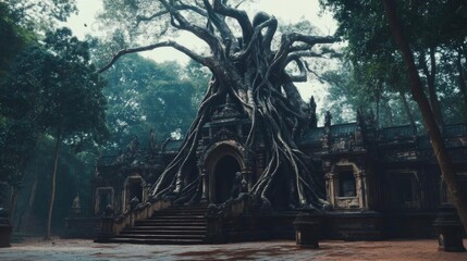 Fototapeta premium Ancient Ruins, Overgrown Temple, Nature Reclaiming Architecture, Tree Roots, Stone Building, Lost Civilization, Forest, Mystical, Abandoned, Decay