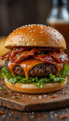 Juicy grilled burger cheddar bacon lettuce warm light. AI Generated