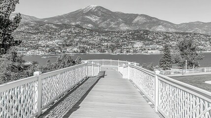 Tranquil walkway leading to mountain vista