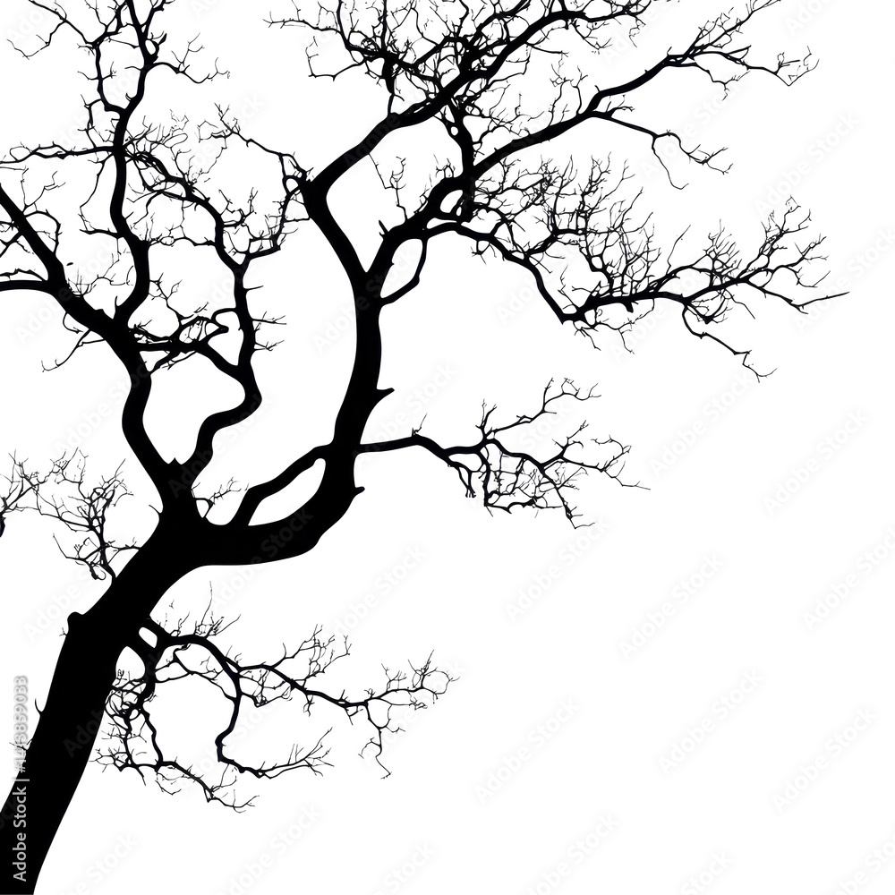 Poster silhouette of a bare tree branch against a transparent background showcasing intricate details and p