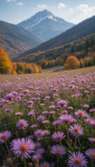 Vibrant purple wildflowers bloom serenely below majestic autumn mountain peak bathed in warm sunlight. AI Generated