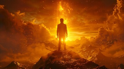 Obraz premium A man stands on top of a mountain and looks into the distance at sunset, concept image of success 