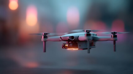 Futuristic drone hovering in an abstract metaverse environment.