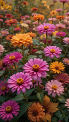 Fototapeta premium Vibrant pink orange flowers bloom softly lit field. AI Generated
