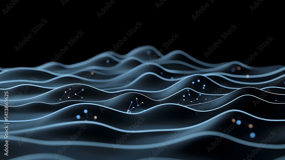 Poster the image contains a dark background with several layers of softly glowing, undulating blue lines, r