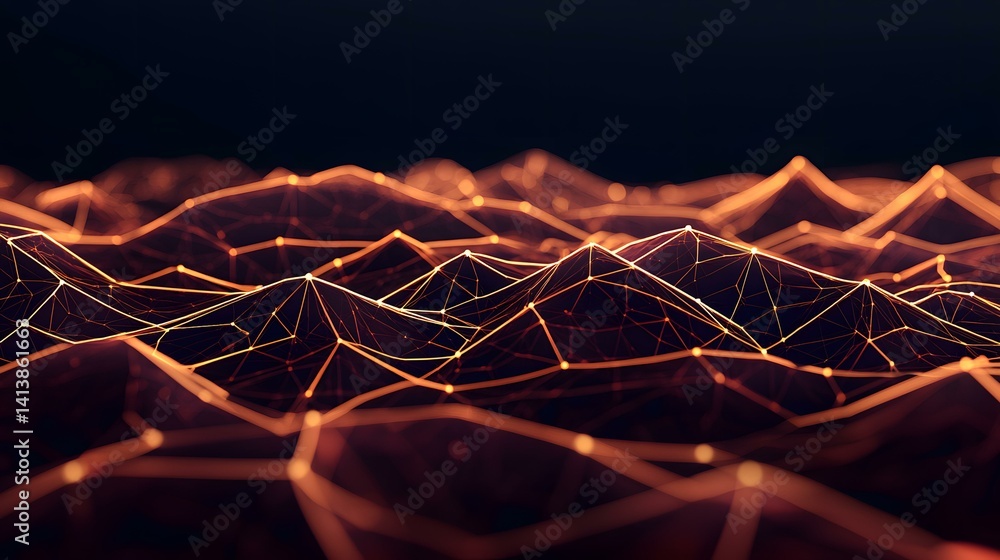 Poster the image contains an abstract rendering of a dark, almost black, landscape with glowing orange line