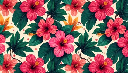 Bold, vibrant hibiscus & tropical foliage repeat, floral repeat, vibrant