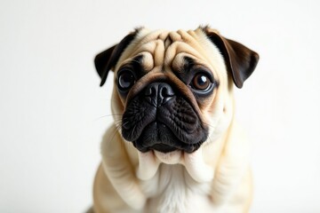 Charming pug looking directly at camera, pure white background, funny, canine photography, dog photography