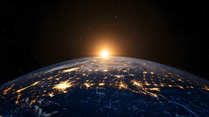 Obraz premium The image shows a view of Earth from space, during sunrise. City lights illuminate a portion of the planet, overlaid with a network of lines suggesting global communication and connectivity.