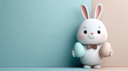 Obraz premium Adorable Easter Bunny Holding Pastel Eggs Against a Calm Background Perfect for Spring Holiday Cards and Decorations