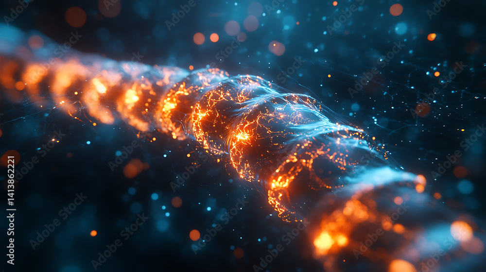 Poster abstract energy flow with spiraling motion and glowing particles against dark blue backdrop a captiv
