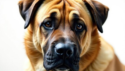 Obraz premium Close-up mastiff head, intense gaze, pure white backdrop, portrait, dog photography