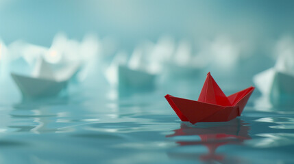 Red paper boat leading white boats on calm water symbolizing leadership and individuality