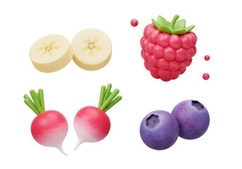 Colorful Arrangement of Fresh Fruits Including Raspberry Blueberry Banana and Radish on Transparent Background