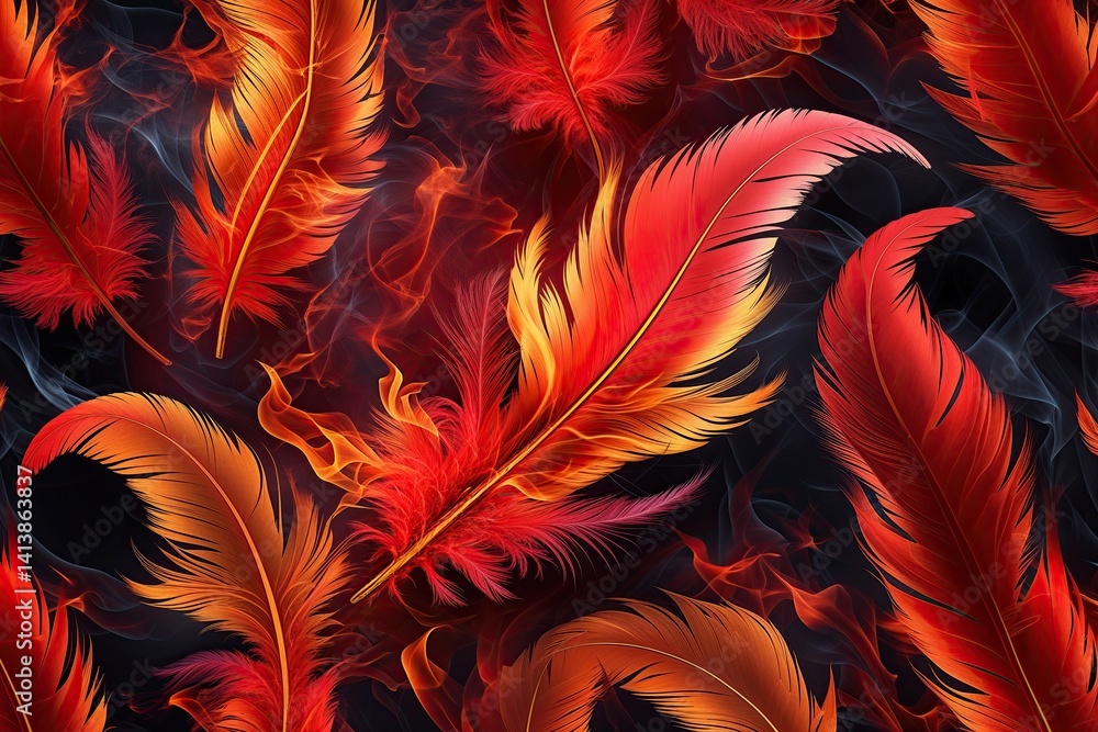 Poster bold fiery red feather texture with dynamic flame patterns and striking colors