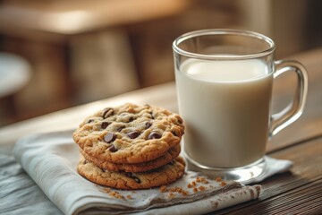 Freshly baked chocolate chip cookies stacked beside a glass of milk on a cozy wooden table