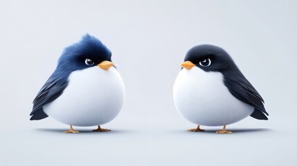 Obraz premium Two cartoon birds, one blue, one black, facing each other, with angry expressions. They are plump and fluffy, with detailed plumage