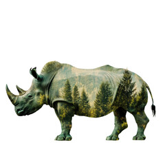 Obraz premium Rhino and forest double exposure conveying nature s power and resilience, Rhino and forest double exposure, concept of power of the nature with White background