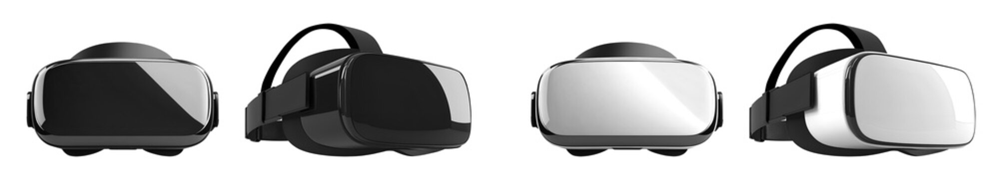 2 Set of black and white audio stereo visual virtual reality, Augmented VR glasses goggles headset, front side view isolated on transparent cutout PNG. Mockup template for artwork	
