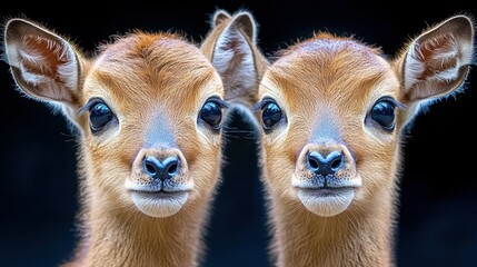 Two adorable fawn faces, close-up, against a black backdrop.  Their large, expressive eyes and soft features evoke a sense of innocence and vulnerability