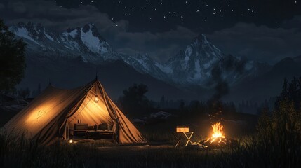 Night camping, mountain backdrop, campfire glow, serene landscape, travel adventure