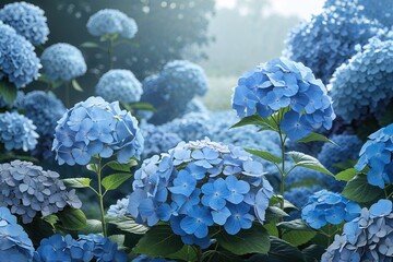Peaceful Blue Hydrangea Garden with Soothing Floral Design and Relaxing Ambiance