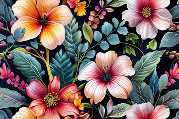 Lush Floral Designs Blended with Delicate Leaves Showcasing Nature's Abundance and Diversity