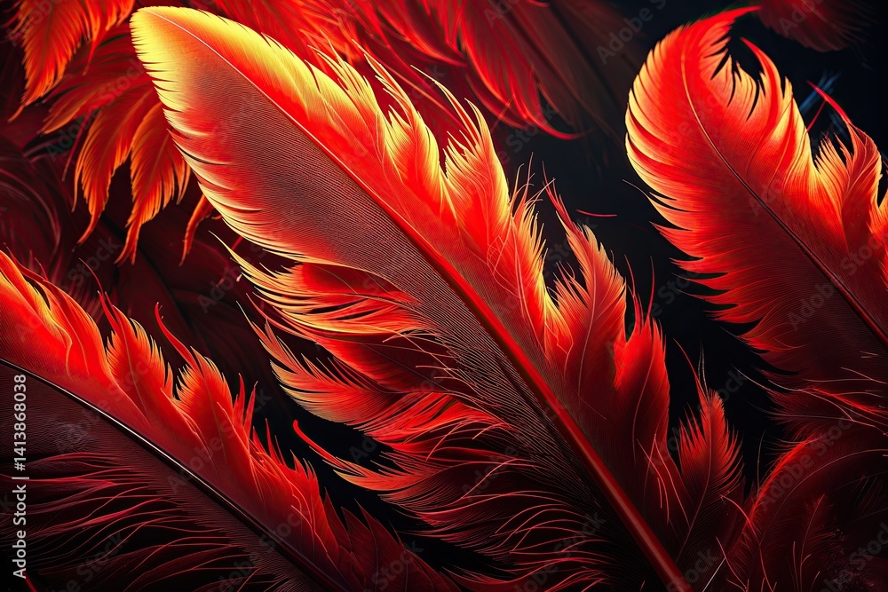 Poster vibrant red feather texture featuring dynamic flame patterns and eye-catching colors