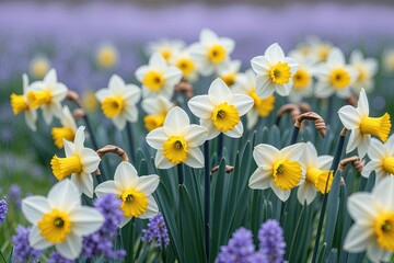 Vibrant Yellow Daffodil Flowers in a Sunny Summer Meadow with Gentle Lavender Bokeh