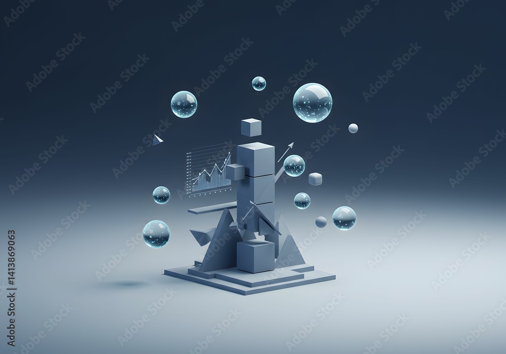 Poster abstract 3d render geometric shapes, bubbles, and data visualization