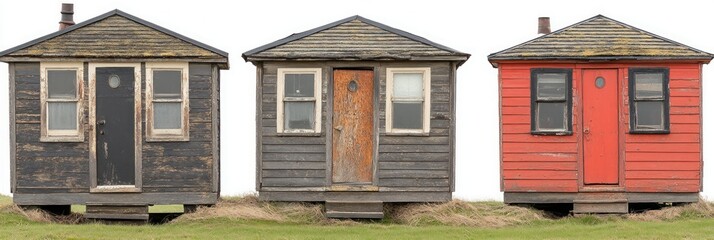 Three weathered small cabins