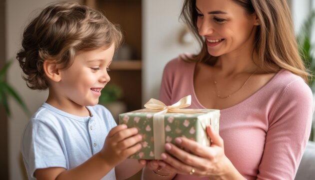 Smiling young boy presenting wrapped gift to mother, celebrating maternal love and heartfelt family connection during special mother's day moment