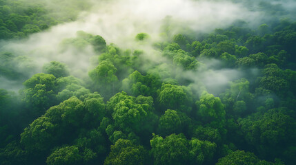 Aerial view of green forest with fog nature landscape tree canopy tops