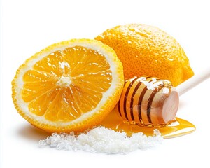 Yuzu citrus with honey Fresh lemon with honey and sugar, creating a vibrant, refreshing scene. The fusion of two elements concept.