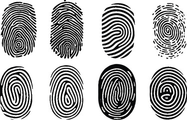 Biometric fingerprints. Human grunge individual finger prints, biometric thumb lines and hand marks. Fingerprints identification vector illustration.