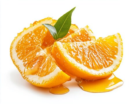 Yuzu citrus with honey Sliced oranges with juice and a green leaf on a white background. The fusion of two elements concept.